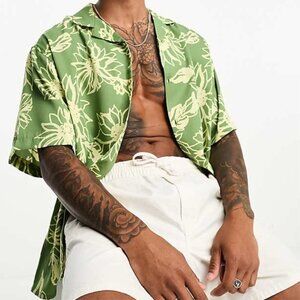 ASOS Boxy Oversized Revere Scribble Sunflower Print Button Up Shirt SZ XL